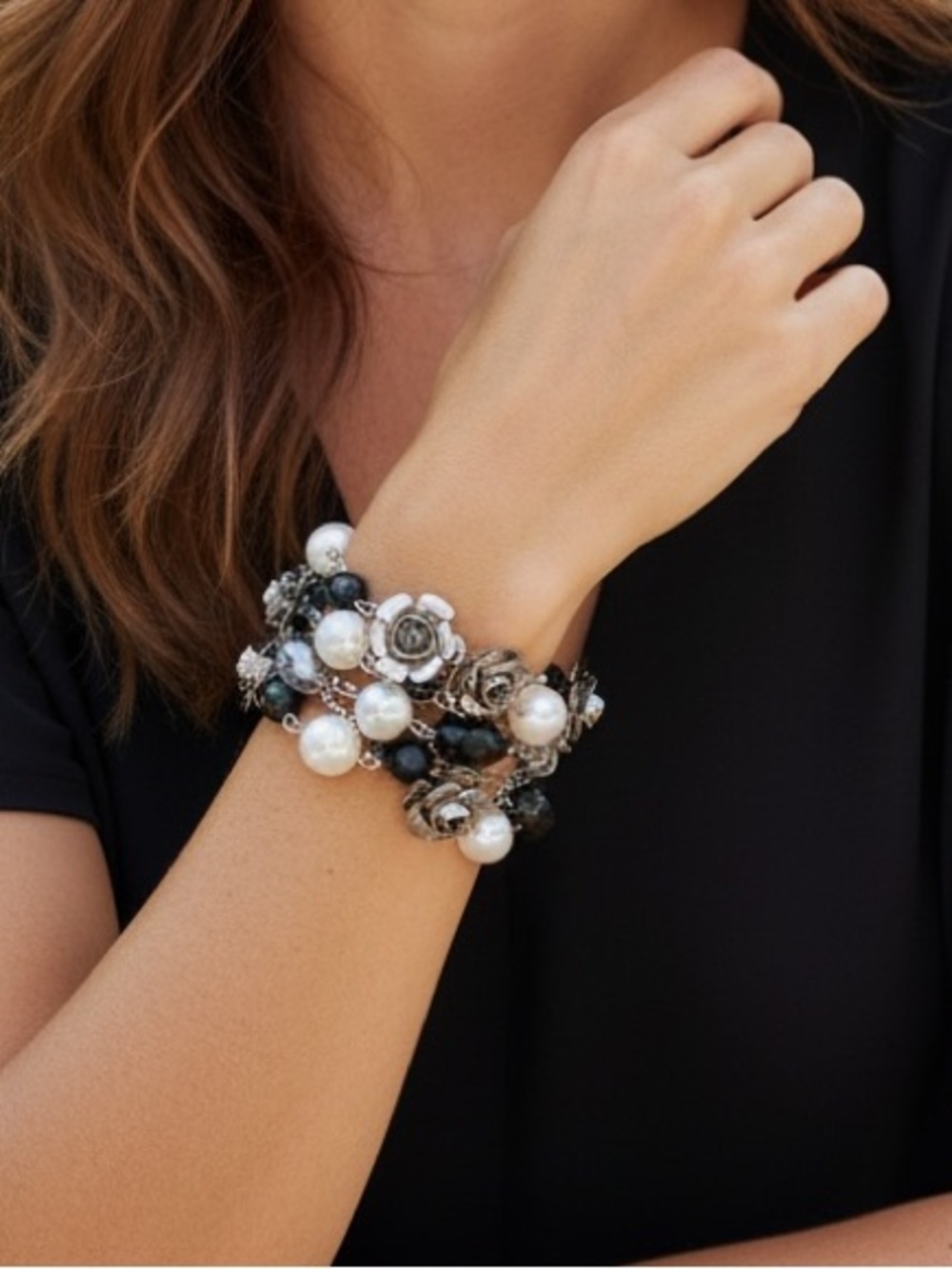 White House Black Market Multi-Strand Black, Silver & Pearl Women’s Bracelet